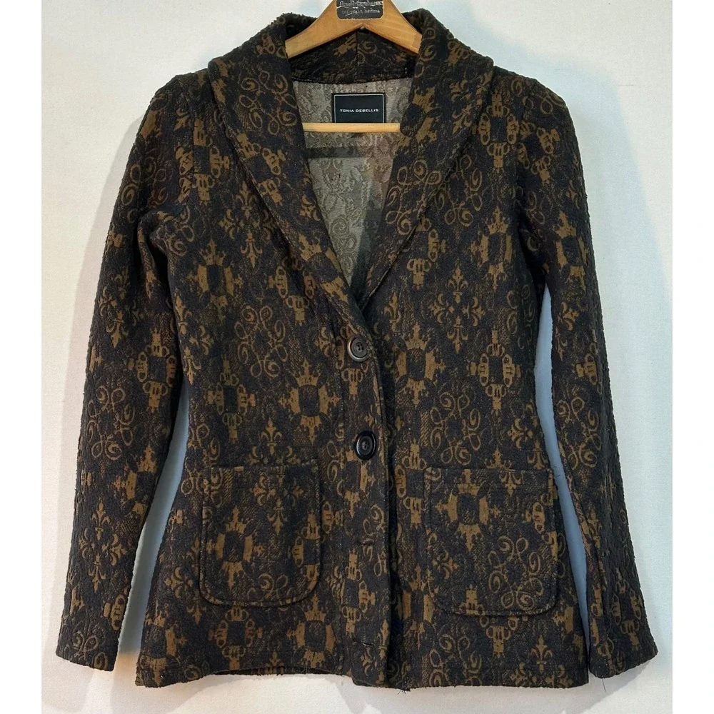Tonia DeBellis Knit Blazer Jacquard Tapestry Womens Small Brown Black Excellent